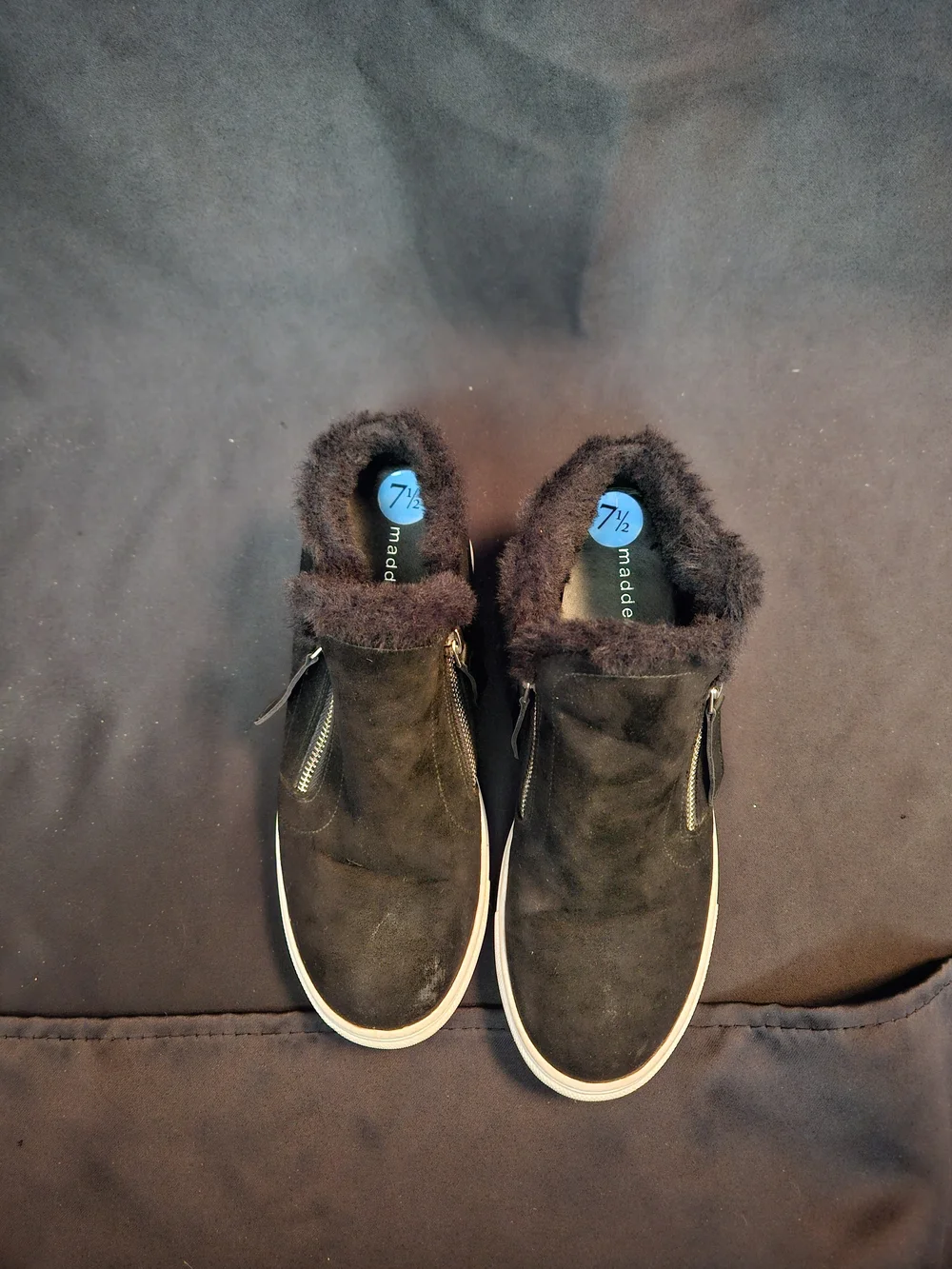 Madden Girl Black Faux Fur Zip-Top Slip-On Sneakers